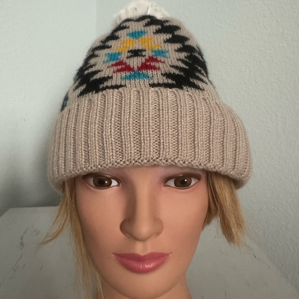 Aztec Sherpa Lined Patterned Beige Knit Beanie